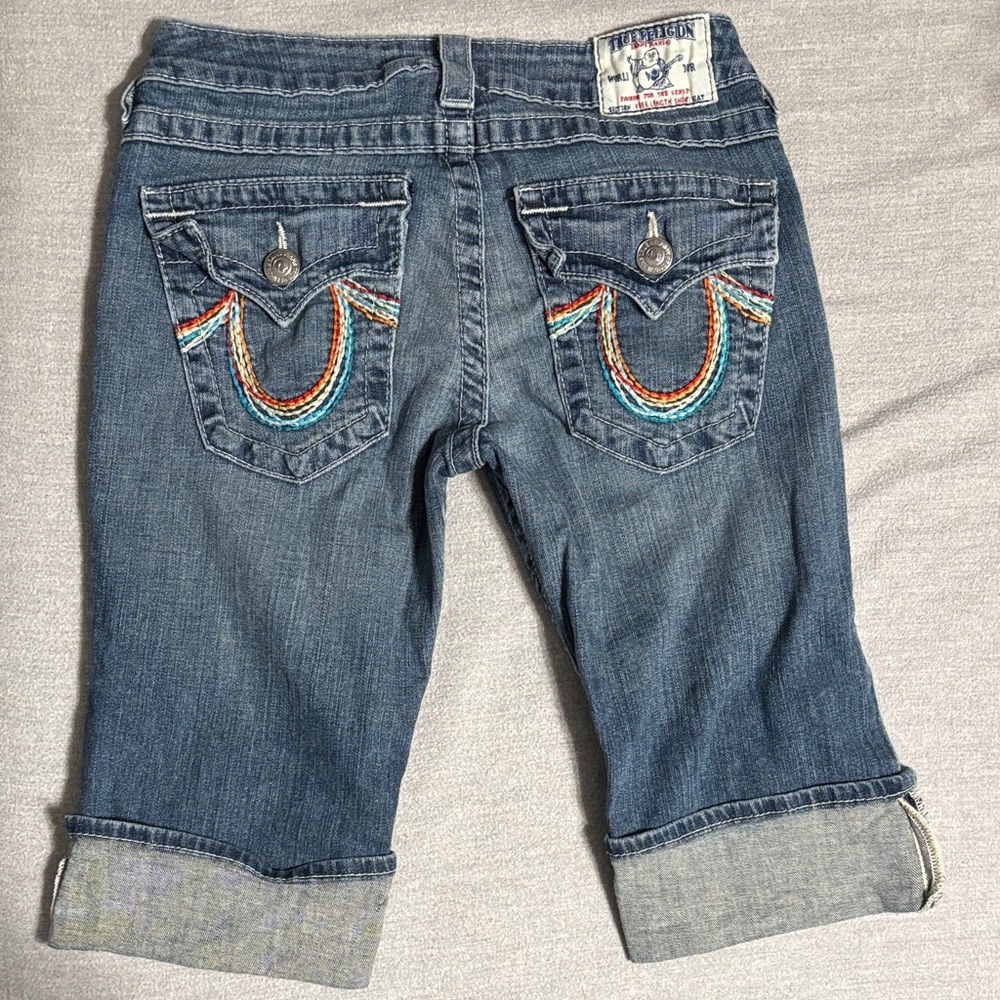 True Religion Blue Cropped Jeans with Colorful Stitching